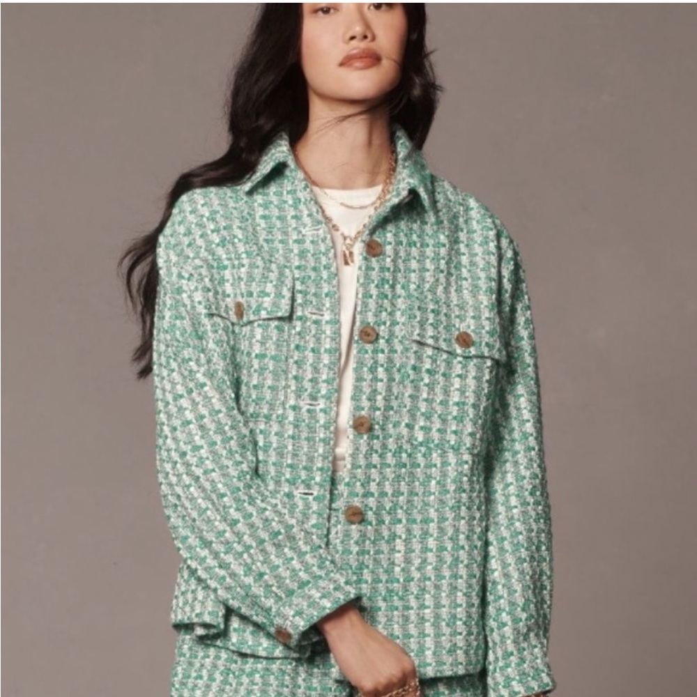 Anthropologie Maeve Green Tweed Button Up Jacket X-Large